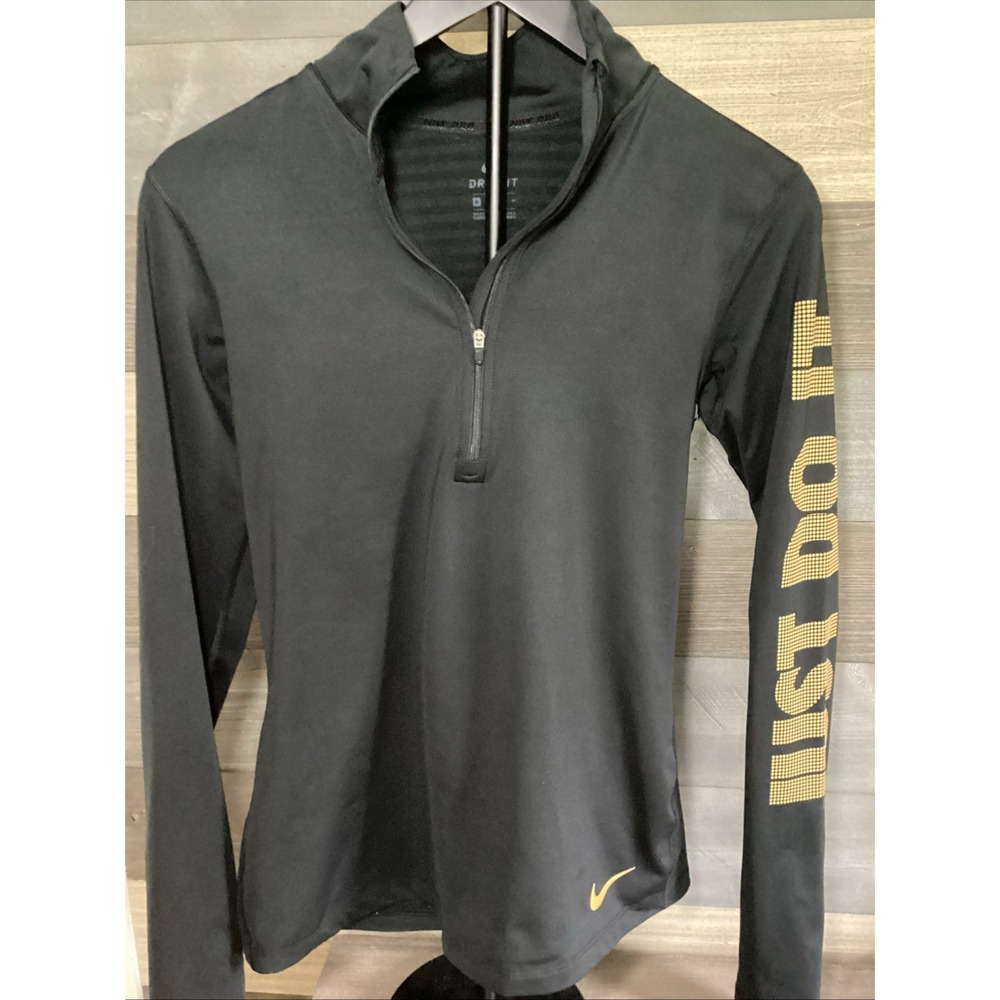 Nike Pro Dri-FIT Womens Medium Mock Neck 1/2 Zip Top Gold Logo Black Active